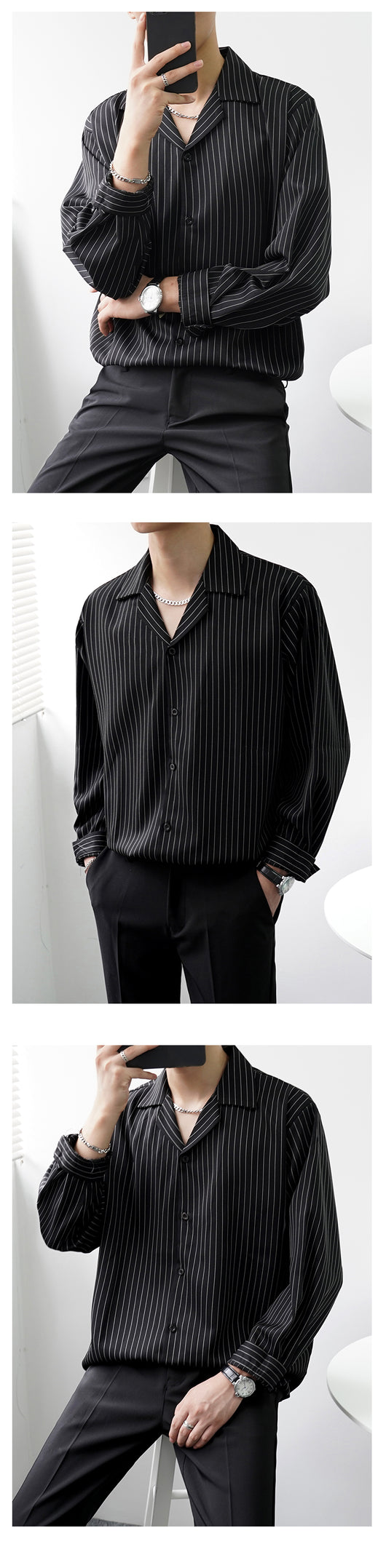 Camisa Cubana de Rayas Manga Larga Suelta con Cuello Abierto - Image 10