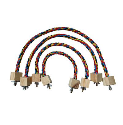 Colorful braided rope bird toy with wooden blocks and metal fasteners, forming a circular swing or climbing perch. - Image 14