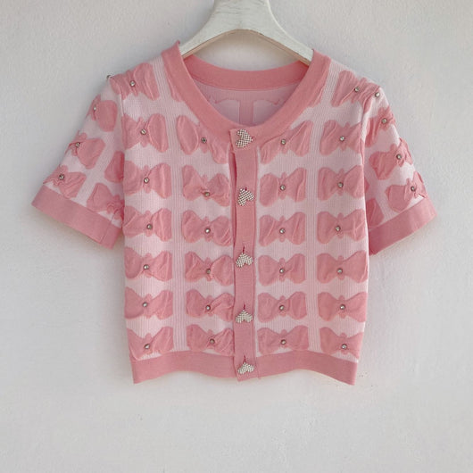 Cardigan Corto Tejido con Lazo y Detalles de Perlas - Ajustado y Versátil - Image 2