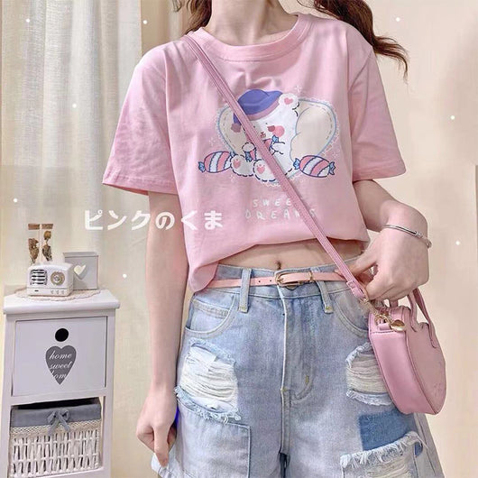 Blusa Crop Top Japonesa Suelta y Fresca - Camiseta Corta Versátil de Cintura Alta