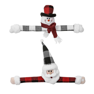 Santa Claus curtain buckle with a black and white buffalo plaid hat, white beard, and red body holding a blue curtain. - Image 8