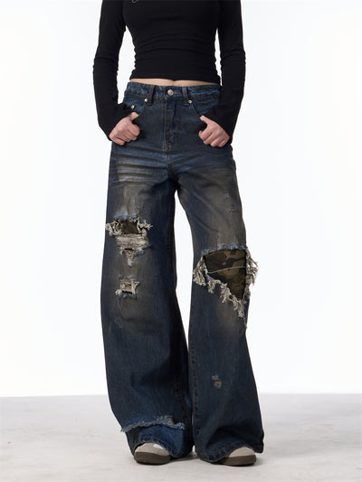 Pantalones Vaqueros Rotos Camuflaje Mujer Cintura Alta Pierna Recta Oversize - Image 15