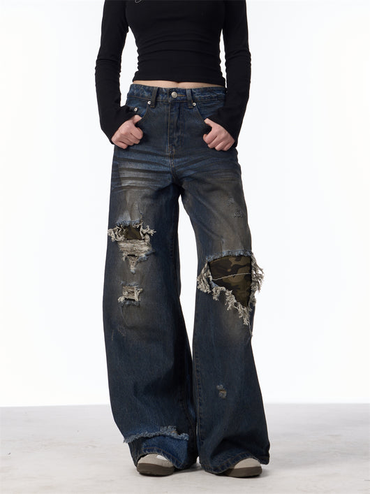 Pantalones Vaqueros Rotos Camuflaje Mujer Cintura Alta Pierna Recta Oversize - Image 15