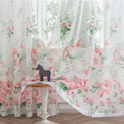Sheer white mesh curtains with purple and light blue floral patterns, hung on a black rod in a bright room. - Image 4