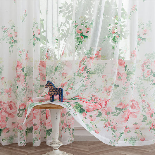 Sheer white mesh curtains with purple and light blue floral patterns, hung on a black rod in a bright room. - Image 4