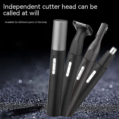 Black multifunctional men's grooming kit with electric shaver, nose hair trimmer, eyebrow trimmer, cleaning brush, and USB cable. - Image 3