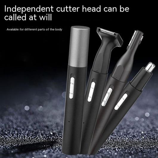 Black multifunctional men's grooming kit with electric shaver, nose hair trimmer, eyebrow trimmer, cleaning brush, and USB cable. - Image 3