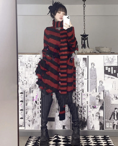 Bufanda Harajuku Punk Rayas Gris Rojo Negro - Image 2