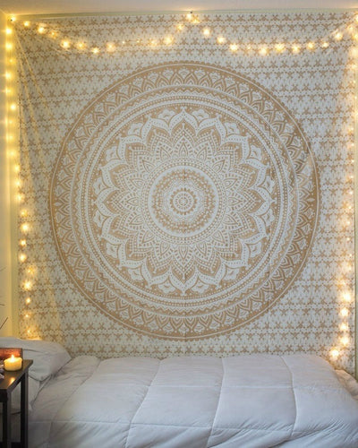 Black and white mandala tapestry with intricate floral and geometric patterns hanging on a bedroom wall. - Image 14