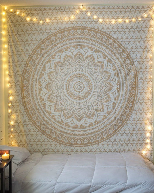 Black and white mandala tapestry with intricate floral and geometric patterns hanging on a bedroom wall. - Image 14