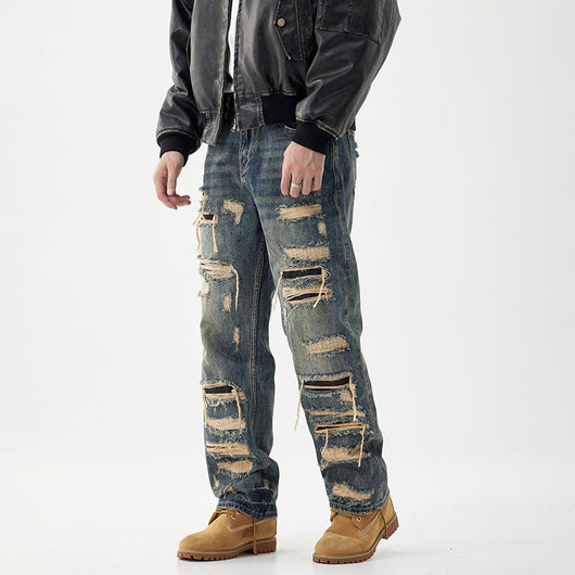 Pantalones Vaqueros Anchos Rotos con Detalles de Agujeros y Parches Personalizados para Hombre - Image 3