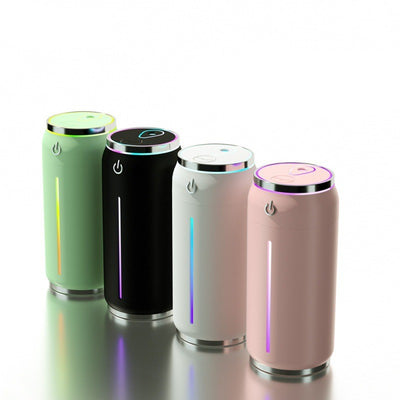 Black mini USB car humidifier shaped like a soda can, with a silver top and power button, and a white water level indicator. - Image 3