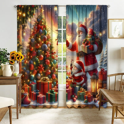 Christmas curtain with a snowy village scene, Santa Claus, flying reindeer, and piles of wrapped gifts. - Image 12