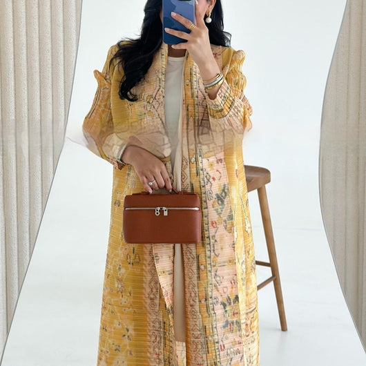 Cardigan Djellaba Étnico con Pliegues y Estampado - Capa Clásica de Moda - Image 55