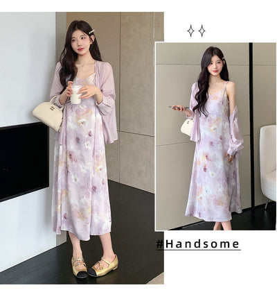 Conjunto Dos Piezas: Vestido Slip Estampado Morado con Cardigan Suave - Image 7