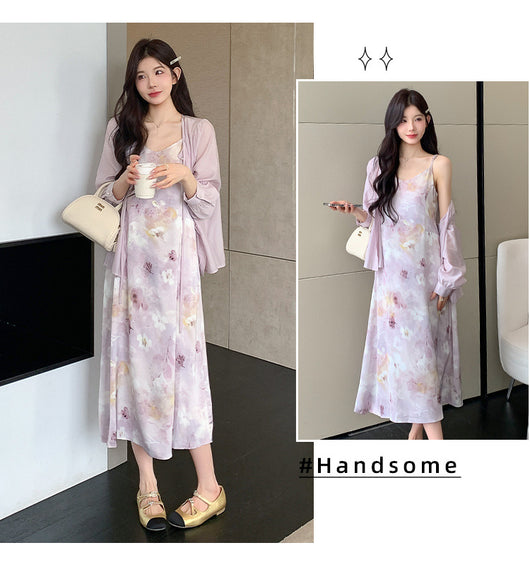 Conjunto Dos Piezas: Vestido Slip Estampado Morado con Cardigan Suave - Image 7