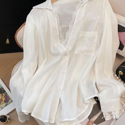 Blusa Larga de Manga Larga con Paneles de Encaje Efecto Dos Piezas - Image 3
