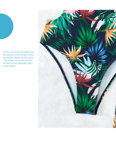 Yellow tropical print three-piece bikini set with halter top, high-waisted bottoms, and long cover-up skirt with high slit. - Image 12
