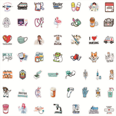 50 waterproof PVC stickers with a medical theme, featuring doctors, nurses, ambulances, and medical equipment. - Image 4