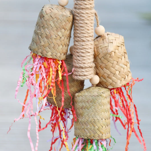 Colorful shredded paper biting bird toy with sisal rope, woven baskets, and wooden beads for parrots. - Image 9