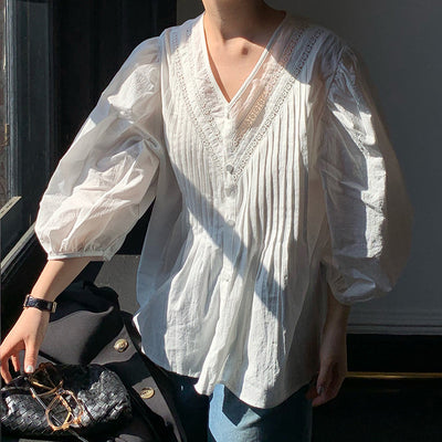 Blusa de Algodón para Mujer con Cuello en V y Mangas Abullonadas - Image 3