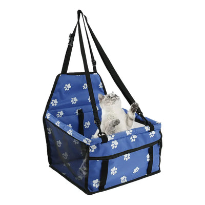 Light grey pet car booster seat with black mesh sides and adjustable straps, installed on a black and red car seat. - Image 21