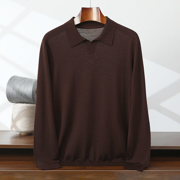 Suéter Polo de Lana Pura Fina Cuello Solapa para Hombre