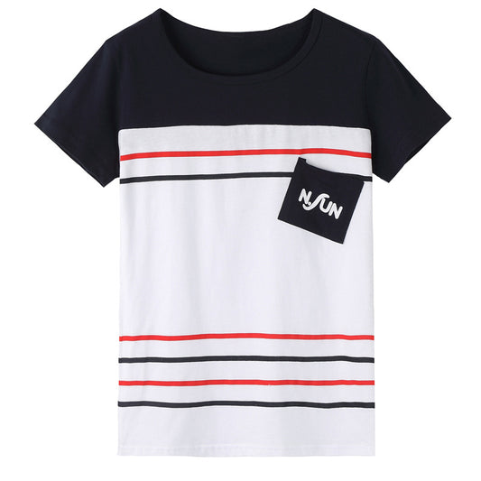 Navy blue children's shorts with white ribbed waistband, beige drawstring, and side pockets. Features red, white, and black side stripes and "LOVING FAMILY" tex