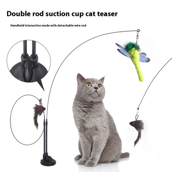 Cat sucker teaser toy with a blue butterfly, gray mouse, and light blue feathers on a black suction cup base.