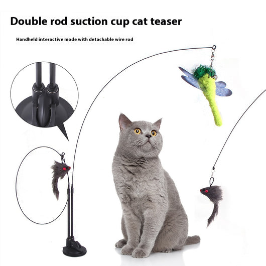 Cat sucker teaser toy with a blue butterfly, gray mouse, and light blue feathers on a black suction cup base.