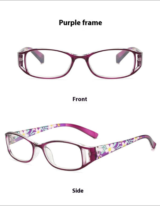 Women's lightweight fashion reading glasses with a red frame and colorful floral print temples. - Image 13