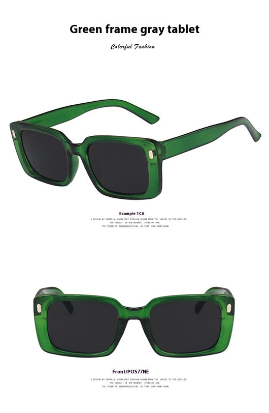 Women's retro hip hop fashion sunglasses with bright black frames, dark gray rectangular lenses, and gold accents. - Image 19