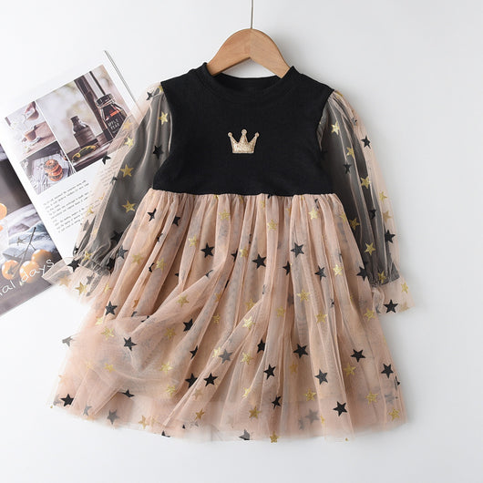 Vestido Infantil Otoño con Manga Larga y Falda Tejida para Niñas