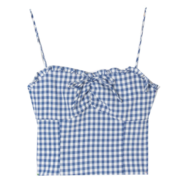 Camiseta Mujer Cuadros Azul con Detalle Lateral
