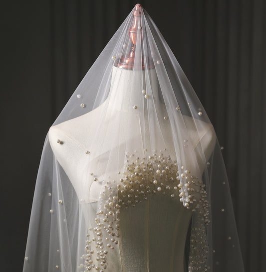 Velo de Novia Catedral con Perlas - Una Capa Largo y Elegante