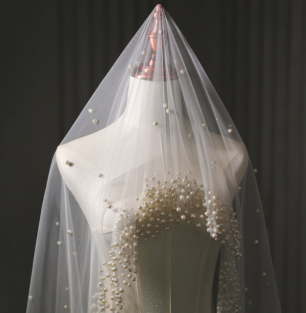Velo de Novia Catedral con Perlas - Una Capa Largo y Elegante