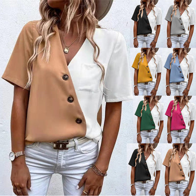 Blusa Elegante de Chifón con Contraste y Manga Corta para Mujer - Image 11