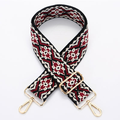 Yellow and white ethnic style patterned canvas bag strap with gold-toned adjustable buckle and swivel snap hooks. - Image 8