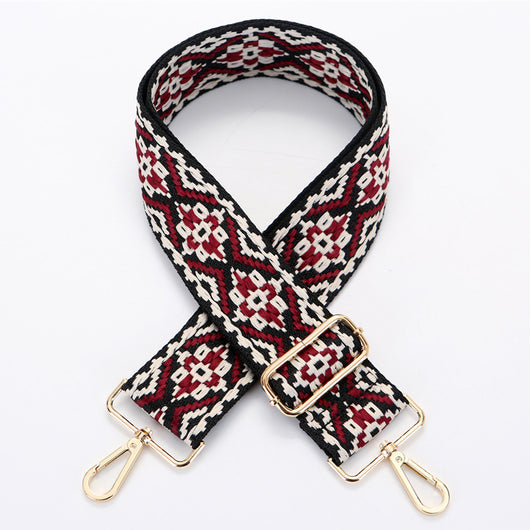 Yellow and white ethnic style patterned canvas bag strap with gold-toned adjustable buckle and swivel snap hooks. - Image 8