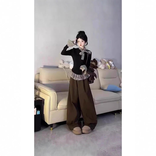 Blusa Larga Negra de Dos Texturas con Mangas Largas para Otoño - Image 2