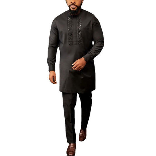 Traje Étnico Africano para Hombre con Camisa de Strass y Pantalón Liso - Image 2