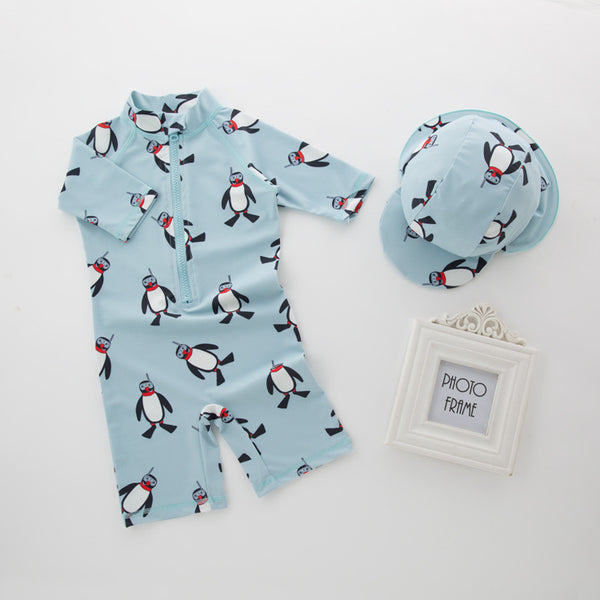 Traje de Baño Infantil Protección Solar Manga Larga con Gorro Pingüino