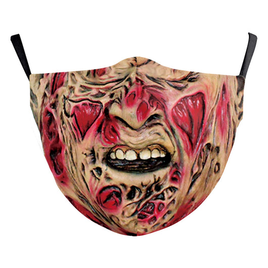 Green and yellow digital print Halloween dust mask with a grotesque, tree-like face design and black ear loops. - Image 15