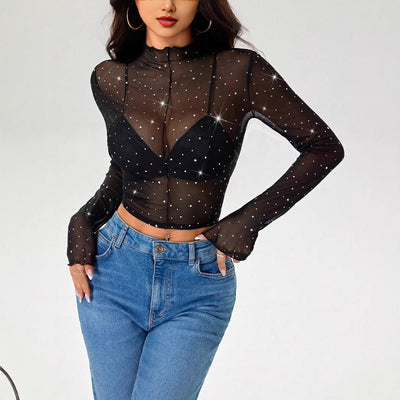 Blusa Transparente con Cuello Alto, Manga Larga y Lentejuelas Brillantes - Image 5