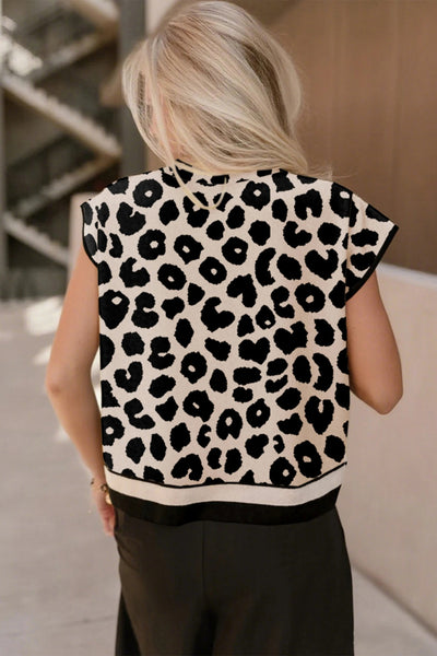 Suéter Cuello Alto Estampado Leopardo Negro Manga Corta para Mujer - Image 10