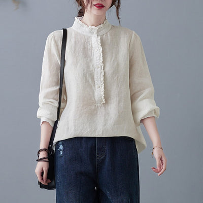 Blusa Retro de Algodón y Lino Talla Grande Mujer Blanca Casual Manga Larga con Encaje - Image 2