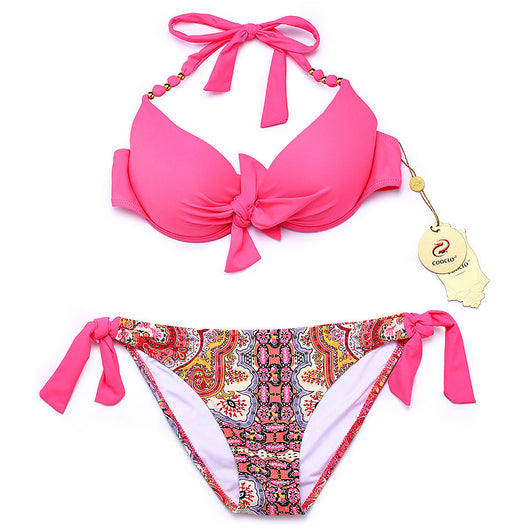 Hot pink halter bikini top with front knot and gold beads, paired with a colorful paisley tie-side bikini bottom. - Image 13