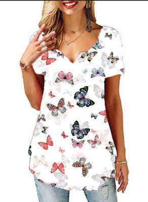 Camiseta Cuello V Estampada para Mujer - Manga Corta Europeo Americano - Image 6