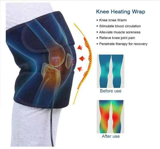 Black electric heating kneecap cover with hot compress massage, shown on a leg with a hand pressing the power button, indicating heat. - Image 8