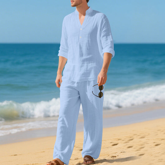 Conjunto de Pantalón y Camiseta Henley Suelta Transpirable para Hombre - Ropa de Playa Casual - Image 19